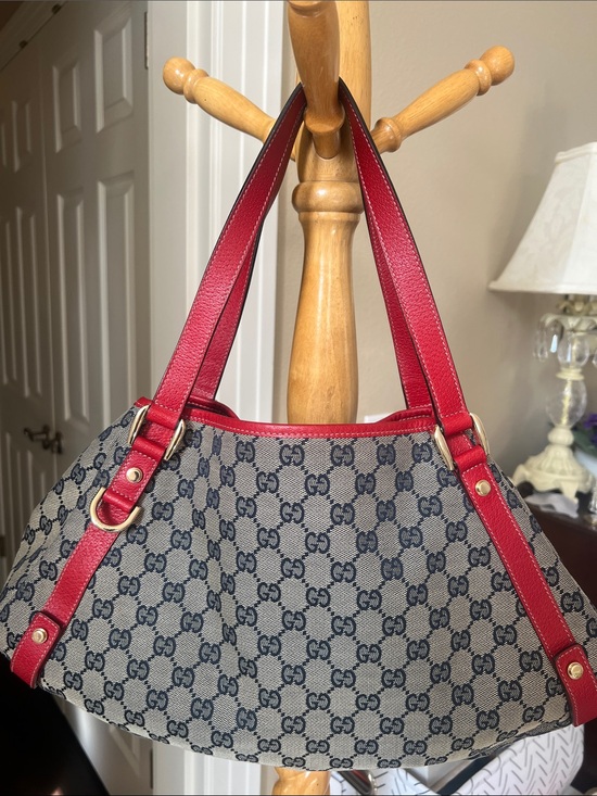 Gucci Handbags - Gucci Beige with blue GG Canvas Shoulder Bag with Red Leather Trim.